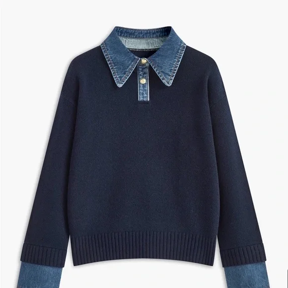 Commense Black Sweater Top with Denim Accents - Picture 3 of 5